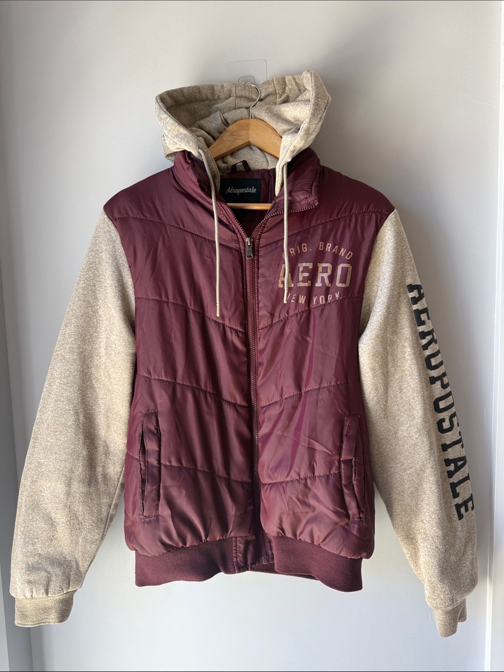Aeropostale Men's Hooded Puffer Varsity Jacket Large